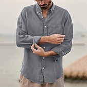 voordelige Vakantie-Voor heren Overhemd Linnen overhemd Zomer overhemd Strand hemd Overhemden zonder broek Effen Kleur Buiten Vakantie Zwart Bruin Groen Khaki Lange mouw Strijkijzer Lente &amp; Herfst Kleding Button-omlaag
