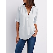 voordelige Dames eenvoudige tops-damesblouse overhemd rits basic effen dagelijks v-hals t-shirt mouw normaal zomer wit zwart roze grijs donkerblauw