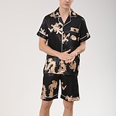 billiga Pyjamas-Herr Satäng och siden Sovkläder Pyjamas set Sidenpyjamas 2 delar Djur Ren färg Mode Ledigt Satin Hem Säng Faux siden Polyester Kavajslag Kortärmad Shorts Grundläggande Vår Sommar Svart Rubinrött