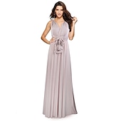 baratos Vestidos para Madrinhas-vestido de dama de honra linha a decote halter / decote em v sem mangas conversível infinito comprimento do chão elastano com faixa / fita / pregas vestido para impressionar 2025