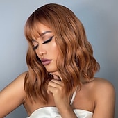 economico Parrucche trendy sintetiche-parrucca bob cosplay haircube con frangetta ramato/marrone scuro/rosa/verde/vino parrucche sintetiche per donne afroamericane parrucche naturali per feste di natale