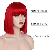 economico Parrucche di Carnevale-parrucca rossa delle donne breve parrucca bob rossa con la frangetta aspetto naturale parrucca sintetica morbida parrucca carina festa cosplay halloween parrucche da 12 pollici festa di natale