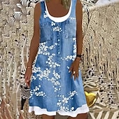 cheap Plain Dress-Women&#039;s Midi Dress Shift Dress Gray Sleeveless Floral Fake two piece Summer Spring Crew Neck Modern 2023 5XL