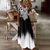 abordables Robes Boho-Robe Maxi Femme Robe Décontractée Robe Swing Robe Longue Noire Manches Courtes Imprimé Géométrique Printemps Été Col en V Décontractée Coupe Lâche 2023 S M L XL XXL 3XL