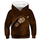 رخيصةأون حيوانات ثلاثية الأبعاد للصبي-أطفال للصبيان هوديي كم طويل بني طباعة ثلاثية الأبعاد قطة حيوان جيب مناسب للبس اليومي داخلي الأماكن المفتوحة نشيط موضة يوميا الرياضات 3-12 سنة