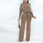 Women's Jumpsuit Sparkly Lace up Solid Color One Shoulder Casual Daily Party Street Wide Leg Regular Fit Long Sleeve Gold S M L Spring 5