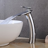 abordables Classiques-Robinet de lavabo de salle de bain cascade avec tuyau d&#039;alimentation, robinet de lavabo monotrou à poignée unique, mitigeur de lavabo à corps incliné commercial
