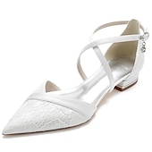 cheap Semi-Formal-Women&#039;s Wedding Shoes Bridal Shoes Rhinestone Flat Heel Pointed Toe Elegant Lace Cross Strap Black White Ivory