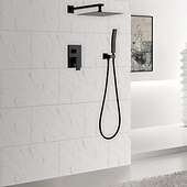 abordables Systèmes de douche à valve brute-Ensemble combiné de robinet de douche dissimulé noir, 8 &quot;/ 10 &quot; / 12 &quot;, système de douche à tête ultra-mince, mitigeur rugueux dans la valve, tête haute pression avec douchette, baignoire murale et kit de garniture de douche, baignoire de salle de bain