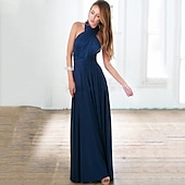 baratos Vestidos para Madrinhas-vestido de dama de honra linha a decote halter / decote em v sem mangas conversível infinito comprimento do chão elastano com faixa / fita / pregas vestido para impressionar 2025