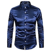 cheap Men&#039;s Satin Shirts-Men&#039;s Dress Shirt Collared Shirt Button Up Shirt Prom Shirt Satin Silk Shirt Plain Wedding Party Navy Black White Yellow Long Sleeve Collar Clothing Apparel