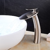 abordables Classiques-Robinet de lavabo de salle de bain cascade avec tuyau d&#039;alimentation, robinet de lavabo monotrou à poignée unique, mitigeur de lavabo à corps incliné commercial