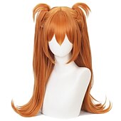 baratos Perucas de anime-peruca laranja langley cosplay peruca com clipe de rabo de cavalo &amp;amp; boné de peruca, rabo de cavalo longo e reto laranja anime cosplay peruca perucas de halloween
