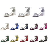 abordables Semi-formel-sandales de mariage à talon carré ornées de strass blancs et bleus pour femmes avec bride à la cheville - chaussures de mariée et de soirée élégantes et confortables à talon bas