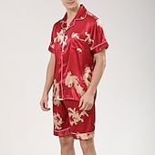 billiga Pyjamas-Herr Satäng och siden Sovkläder Pyjamas set Sidenpyjamas 2 delar Djur Ren färg Mode Ledigt Satin Hem Säng Faux siden Polyester Kavajslag Kortärmad Shorts Grundläggande Vår Sommar Svart Rubinrött