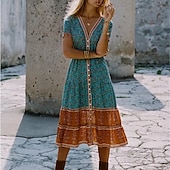 ieftine Rochii Boho-Pentru femei Rochii Midi Rochie casual Rochie etnică Rochie leagăn Rochie Boho Stilat Modern Casual În aer liber Vacanță Concediu Fit regulat Floral Imprimeu Paisley Manșon scurt În V Roșu-aprins