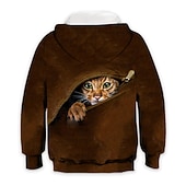 رخيصةأون حيوانات ثلاثية الأبعاد للصبي-أطفال للصبيان هوديي كم طويل بني طباعة ثلاثية الأبعاد قطة حيوان جيب مناسب للبس اليومي داخلي الأماكن المفتوحة نشيط موضة يوميا الرياضات 3-12 سنة