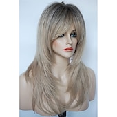 baratos Perucas Sintéticas sem Touca-perucas longas em camadas perucas de penteado lisonjeiro perucas loiras brilhantes com raízes profundas perucas para mulheres caucasianas para festa diária perucas de festa de natal