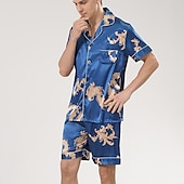 billiga Pyjamas-Herr Satäng och siden Sovkläder Pyjamas set Sidenpyjamas 2 delar Djur Ren färg Mode Ledigt Satin Hem Säng Faux siden Polyester Kavajslag Kortärmad Shorts Grundläggande Vår Sommar Svart Rubinrött