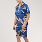 billiga Pyjamas-Herr Satäng och siden Sovkläder Pyjamas set Sidenpyjamas 2 delar Djur Ren färg Mode Ledigt Satin Hem Säng Faux siden Polyester Kavajslag Kortärmad Shorts Grundläggande Vår Sommar Svart Rubinrött