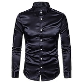 cheap Men&#039;s Satin Shirts-Men&#039;s Dress Shirt Collared Shirt Button Up Shirt Prom Shirt Satin Silk Shirt Plain Wedding Party Navy Black White Yellow Long Sleeve Collar Clothing Apparel