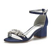 abordables Semi-formel-sandales de mariage à talon carré ornées de strass blancs et bleus pour femmes avec bride à la cheville - chaussures de mariée et de soirée élégantes et confortables à talon bas