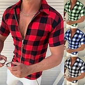 abordables Chemises décontractées-Homme Chemise Chemise d&#039;été Chemise à carreaux Chemises à carreaux Rouge Bleu Vert Gris Manche Courte À carreaux Treillis Col Rabattu Extérieur Rue Imprimé Vêtement Tenue Polyester Mode Occasionnel