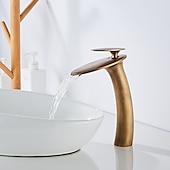 abordables Classiques-Robinet de lavabo de salle de bain cascade avec tuyau d&#039;alimentation, robinet de lavabo monotrou à poignée unique, mitigeur de lavabo à corps incliné commercial