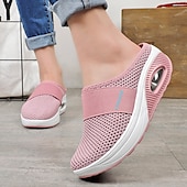 abordables Zuecos y sandalias de mujer-Mules sin cordones de malla transpirable de color rosa para mujer con suela con colchón de aire para comodidad informal, para caminar y todos los días