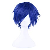 voordelige Feestpruiken-Cosplay Peruk Golvende Middelste Scheiding Peruk Donkerblauw Synthetische Haar Mannen Blauwe Halloween perukken