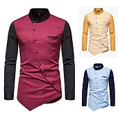billiga herrskjorta med knäppning-herrskjorta utan tryck färgblock plus size stativ krage dagligen långärmade toppar mode blå vin gula sommarskjortor