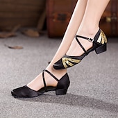 ieftine Pantofi Dans Clasic &amp; Modern-pantofi negri de dans latino pentru femei, cu accente de sclipici aurii – încălțăminte confortabilă de bal de sală și salsa cu toc scăzut