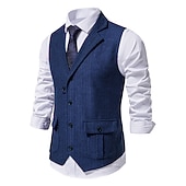 cheap Men's Waistcoat-Men's Vest Waistcoat Wedding Party / Evening Vintage Retro Spring Fall Pocket Polyester Warm Solid Color Single Breasted Regular Fit Navy Blue Dark Green Coffee Gray Vest