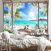 Недорогие Тапестри́ на океа́нском пляже-Window Landscape Wall Tapestry Art Decor Blanket Curtain Hanging Home Bedroom Living Room Decoration Coconut Tree Sea Ocean Beach