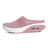 abordables Zuecos y sandalias de mujer-Mules sin cordones de malla transpirable de color rosa para mujer con suela con colchón de aire para comodidad informal, para caminar y todos los días