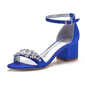 abordables Semi-formel-sandales de mariage à talon carré ornées de strass blancs et bleus pour femmes avec bride à la cheville - chaussures de mariée et de soirée élégantes et confortables à talon bas