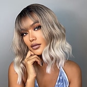 voordelige Synthetische trendy pruiken-synthetische pruik natuurlijk recht met pony pruik 16 inch ombre bruin synthetisch haar vrouwen natuurlijke mode pluizig bruin