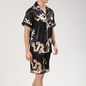 billiga Pyjamas-Herr Satäng och siden Sovkläder Pyjamas set Sidenpyjamas 2 delar Djur Ren färg Mode Ledigt Satin Hem Säng Faux siden Polyester Kavajslag Kortärmad Shorts Grundläggande Vår Sommar Svart Rubinrött