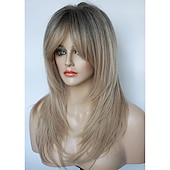 baratos Perucas Sintéticas sem Touca-perucas longas em camadas perucas de penteado lisonjeiro perucas loiras brilhantes com raízes profundas perucas para mulheres caucasianas para festa diária perucas de festa de natal