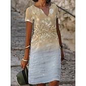 economico Abito Floreale-Abito Midi da Donna Abito Cocktail Collo a V Paillettes Gradiente Nero Elegante Abito al Ginocchio Feste Sera Maniche Corte Fit Regolare