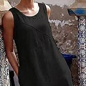 preiswerte Kleider aus Baumwolle und Leinen entwerfen-Damen Schwarz Grau Sommer Frühling Maxikleid Baumwoll-Leinen-Kleider Freizeitkleid Baumwoll-Sommerkleid Stilvoll Basic Modern Outdoor Urlaub Ferien Lässiger Schnitt Einfarbig Rundhalsausschnitt