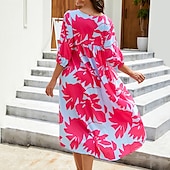halpa Mekot-Naisten Midimekko Rento mekko Kukka mekko Tyylikäs Vapaa-aika ulko- Loma Pyhäpäivä Loose Fit Kukka Leopardi Puhdas väri Puolihiha Tiukka pyöreä kaula-aukko Musta Purppura Fuksia Apila Kevät Syksy