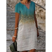 economico Abito Floreale-Abito Midi da Donna Abito Cocktail Collo a V Paillettes Gradiente Nero Elegante Abito al Ginocchio Feste Sera Maniche Corte Fit Regolare