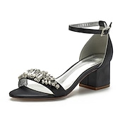 abordables Semi-formel-sandales de mariage à talon carré ornées de strass blancs et bleus pour femmes avec bride à la cheville - chaussures de mariée et de soirée élégantes et confortables à talon bas
