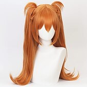 baratos Perucas de anime-peruca laranja langley cosplay peruca com clipe de rabo de cavalo &amp;amp; boné de peruca, rabo de cavalo longo e reto laranja anime cosplay peruca perucas de halloween