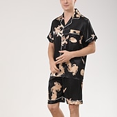 billiga Pyjamas-Herr Satäng och siden Sovkläder Pyjamas set Sidenpyjamas 2 delar Djur Ren färg Mode Ledigt Satin Hem Säng Faux siden Polyester Kavajslag Kortärmad Shorts Grundläggande Vår Sommar Svart Rubinrött