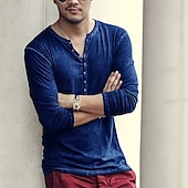 billiga Casual Henley T-shirt-Herr T-shirt Henleytröja Långärmad tröja Slät Henley Plusstorlekar Gata Ledigt Långärmad Button-Down Kläder 100 % bomull Klassisk Ledigt Muskel Stor och hög