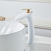 abordables Classiques-Robinet de lavabo de salle de bain cascade avec tuyau d&#039;alimentation, robinet de lavabo monotrou à poignée unique, mitigeur de lavabo à corps incliné commercial