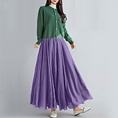 abordables Robes-Femme Balançoire Jupe longue Elégant Eté Maxi Jupes Couleur Pleine Plissé Casual Quotidien Noir Blanche Jaune Rouge Printemps &amp; Automne Coton Coton et lin