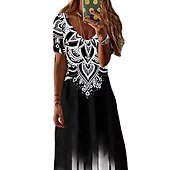 abordables Robes Boho-Robe Maxi Femme Robe Décontractée Robe Swing Robe Longue Noire Manches Courtes Imprimé Géométrique Printemps Été Col en V Décontractée Coupe Lâche 2023 S M L XL XXL 3XL